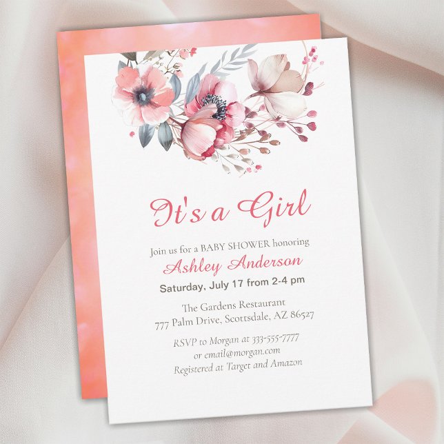 Invitación Es un Chica, Script Text, Flowers, Baby Shower (Subido por el creador)