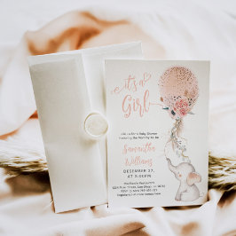 Invitación Es un Chica simple elefante y globo Baby Shower