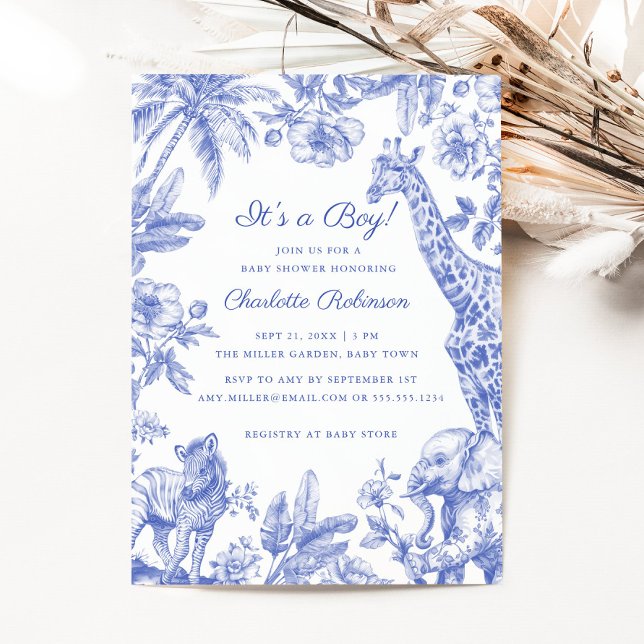 Invitación Es un chico azul, Baby Shower Safari Toile (Its'a Boy Blue Boy Baby Shower Safari Toile Invitation)