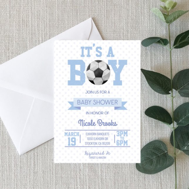 Invitación ¡Es un chico! Baby Shower de Blue Soccer Ball (Subido por el creador)