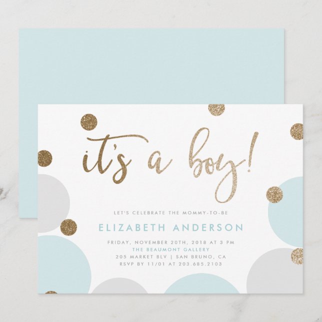 Invitación ¡Es un chico! | Blue & Gold Confetti Baby Shower (Anverso / Reverso)