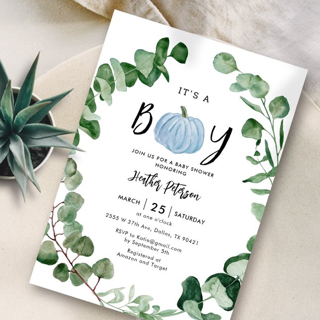 Invitación Es un chico de la piel de calabaza azul Baby Showe (Subido por el creador)