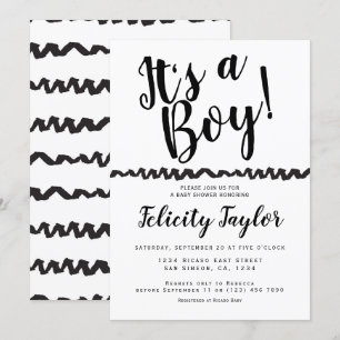 Invitación Es un chico de la tipografía Baby Shower blanco ne