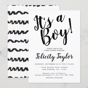 Invitación Es un chico de la tipografía Baby Shower blanco ne