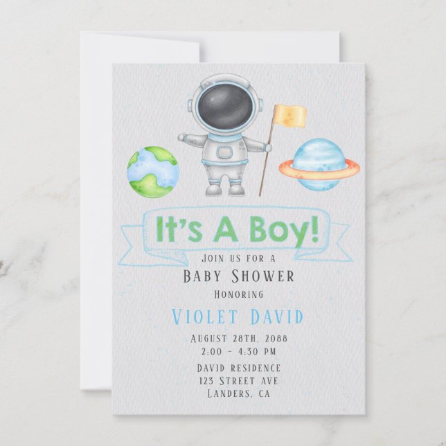 Invitación Es un chico del espacio exterior Baby Shower (Anverso)