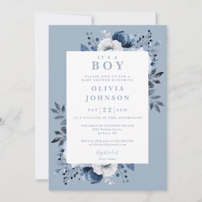 Invitación Es Un Chico Dusty Blue Elegent Baby Shower Floral (Anverso)