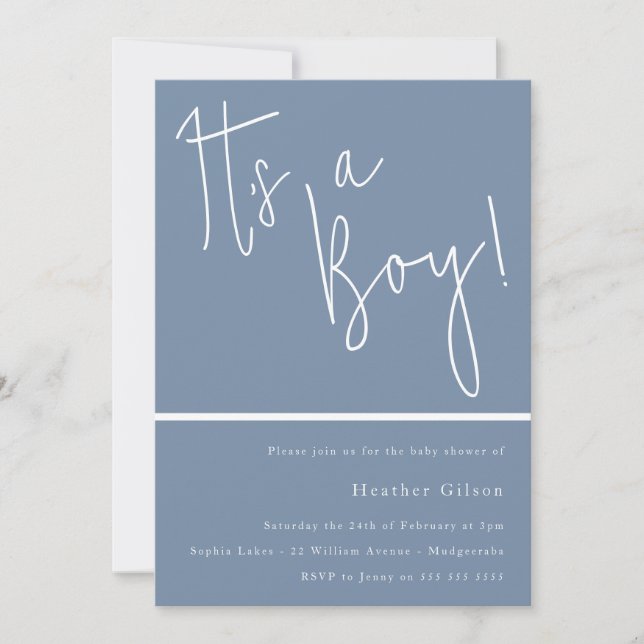 Invitación ¡Es un chico! Dusty Blue Modern Boys Baby Shower (Anverso)