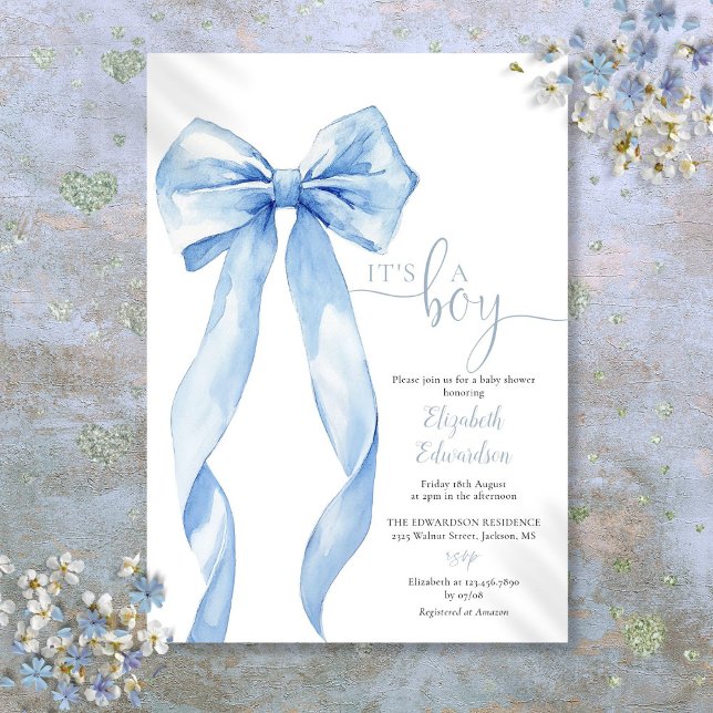 Invitación Es Un Chico Elegante Baby Shower Bow Azul (Its A Boy Elegant Blue Bow Baby Shower Invitation)