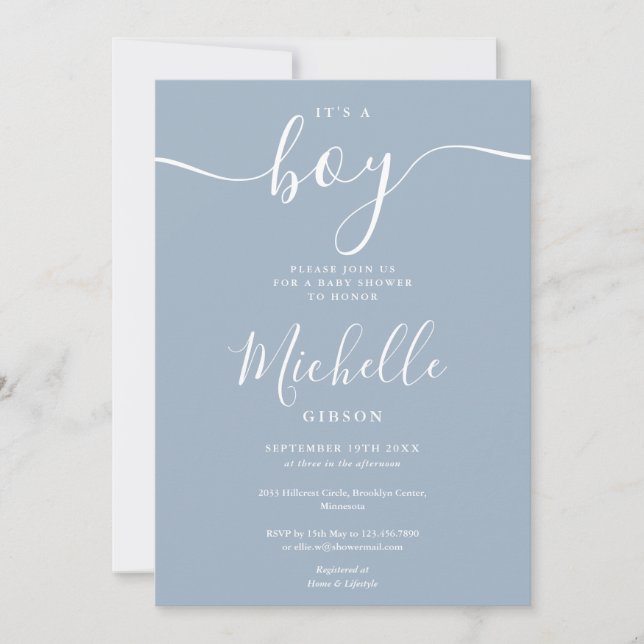 Invitación Es Un Chico Elegante Y Dusty Blue Boy Baby Shower (Anverso)