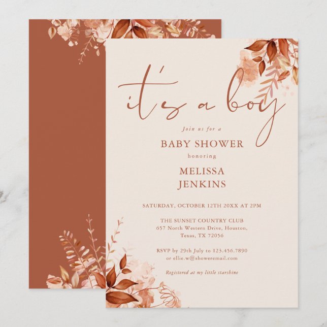 Invitación Es Un Chico Floral Otoño Caer Baby Shower (Anverso / Reverso)