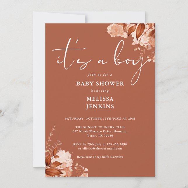 Invitación Es Un Chico Floral Otoño Caer Baby Shower (Anverso)