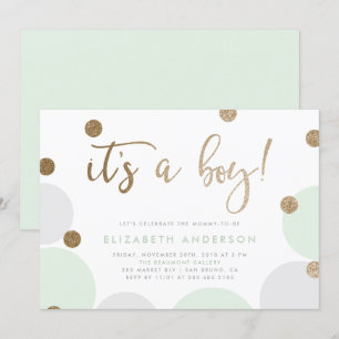 Invitación ¡Es un chico! Green & Gold Confetti Baby Shower