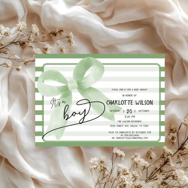 Invitación Es un chico lindo Green Bow Stripes Baby Shower (Subido por el creador)
