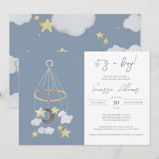 Invitación ¡Es un chico! Moon & Stars Baby Mobile Nursera Sho (Anverso / Reverso)