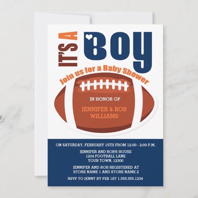 Invitación Es un chico Naranja azul de fútbol Baby Shower (Anverso)
