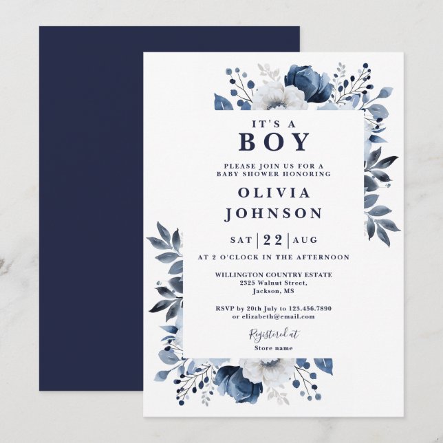 Invitación Es Un Chico Navy Azul Elegante Baby Shower Floral (Anverso / Reverso)