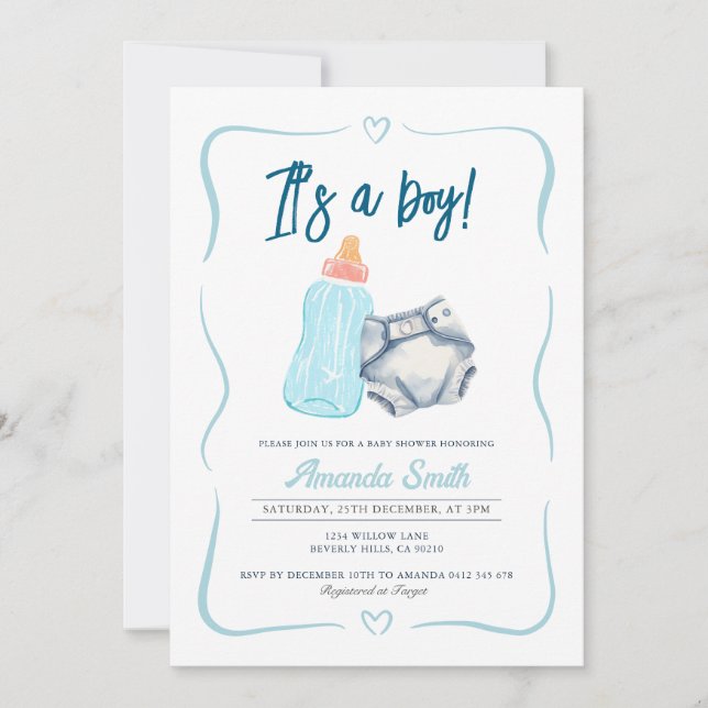Invitación Es un chico una botella de leche y pañal (Anverso)