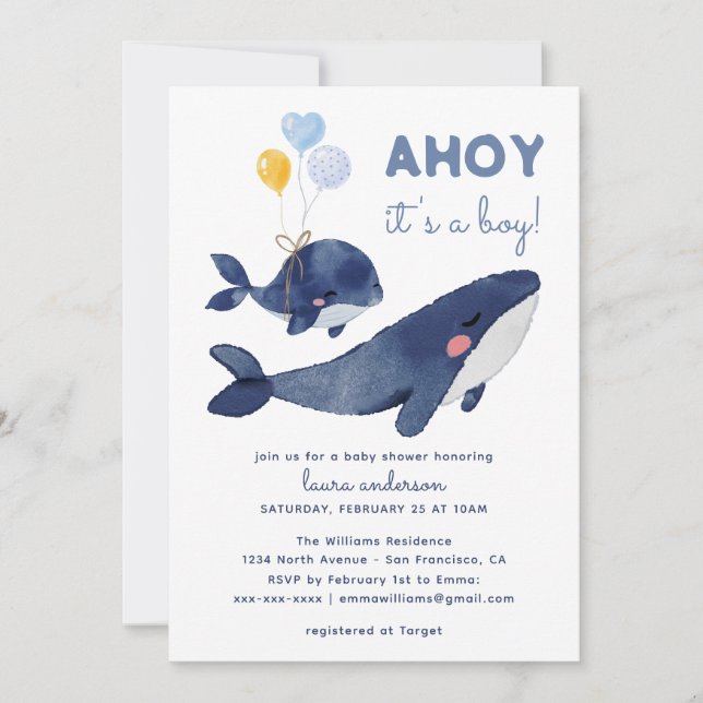 Invitación ¡Es un chico! Whale Mom Baby Shower (Anverso)