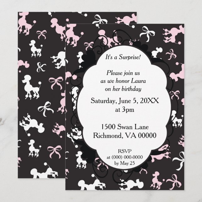 Invitación Es un cumpleaños con temas de Surprise Poodle (Anverso / Reverso)