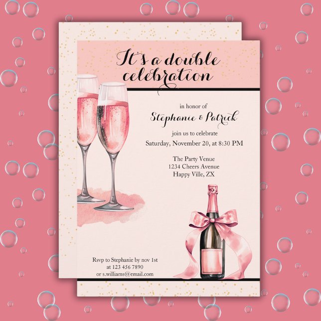 Invitación Es un Cumpleaños de Champán Rosa Doble Celebración (Subido por el creador)