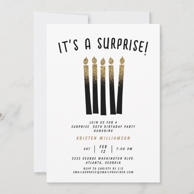 Invitación Es un cumpleaños sorprendente Purpurina de oro neg (Anverso)