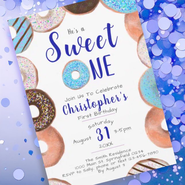 Invitación Es un dulce un niño azul de Donut primer Fiesta de (Subido por el creador)