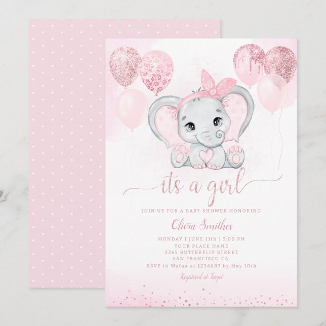 Invitación Es un elefante Chica y un Baby Shower con globos (Anverso / Reverso)