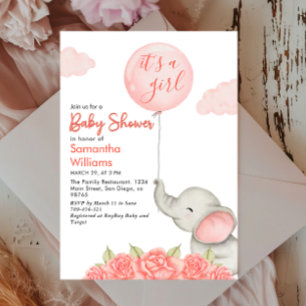 Invitación Es Un Elefante Floral Rosa Chica Baby Shower
