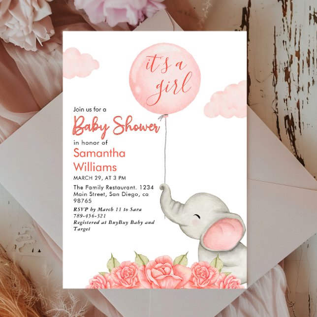 Invitación Es Un Elefante Floral Rosa Chica Baby Shower (Subido por el creador)