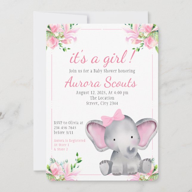 Invitación Es un elefante rosa rosado Chica Baby Shower (Anverso)