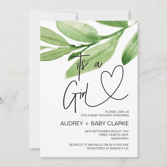 Invitación Es un Fiesta Chica de Baby Shower verde bebé bash (Anverso)