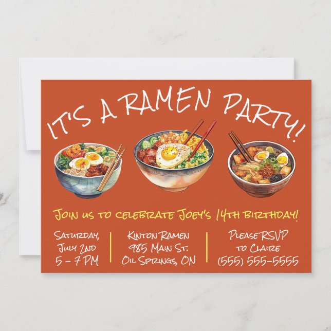 Invitación ¡Es un Fiesta de Ramen! Fiesta de Cumpleaños de lo (Anverso)