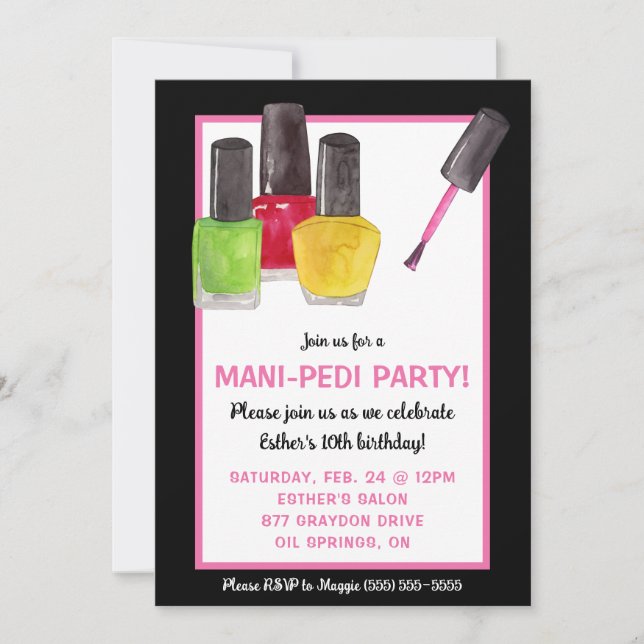 Invitación ¡Es un Fiesta Mani-Pedi! Nail Poland Birday Party (Anverso)