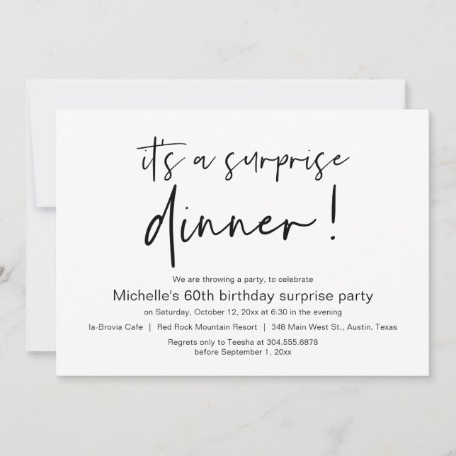 Invitación Es un Fiesta sorprendente de la cena de cumpleaños (Anverso)