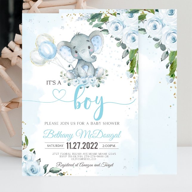 Invitación Es un globo azul de elefante niño (It's a Boy' baby shower invitation with an elephant and blue balloon design, perfect for a baby boy')
