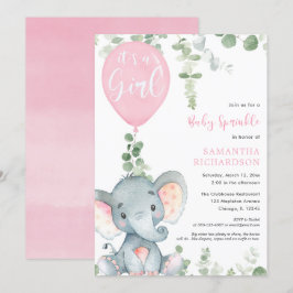 Invitación Es un globo de elefante rosado de bebé chica