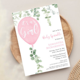 Invitación Es un globo de eucalipto rosado de chica