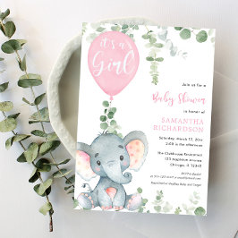Invitación Es un globo rosado chica lindo elefante ducha bebé