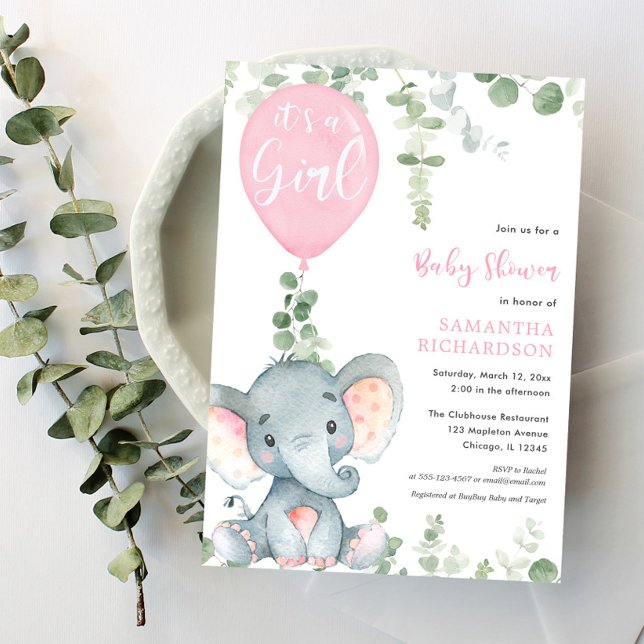 Invitación Es un globo rosado chica lindo elefante ducha bebé (Subido por el creador)