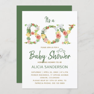 Invitación Es un guión de alfabeto floral de niño bebé ducha