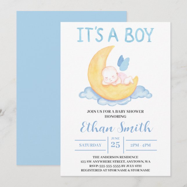 Invitación Es un niño acuarela niño bebé en el Baby Shower de (Anverso / Reverso)