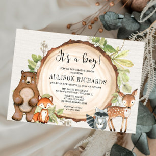 Invitación Es un niño, animales rústicos de bosque, una ducha