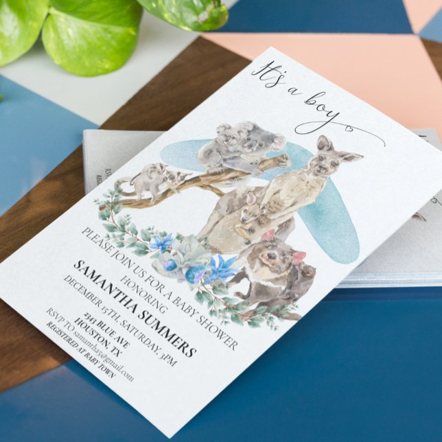 Invitación Es un niño australiano de Baby Shower azul (Subido por el creador)