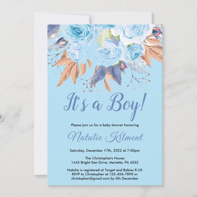 Invitación Es un niño azul botánico floral Baby Shower (Anverso)