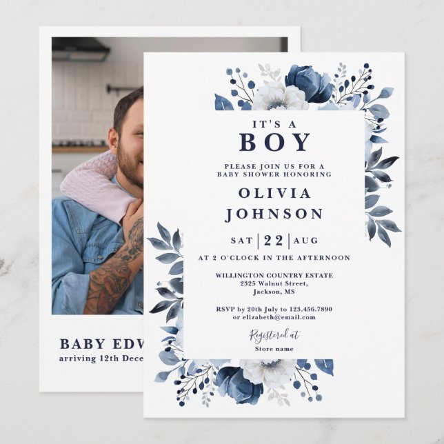 Invitación Es un Niño Azul Floral Foto QR Baby Shower (Anverso / Reverso)