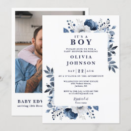 Invitación Es un Niño Azul Floral Foto QR Baby Shower