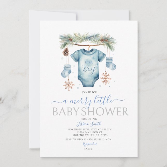 Invitación Es un niño azul ropa de bebé Baby Shower de invier (Anverso)