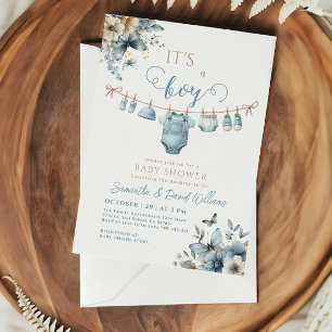 Invitación Es un Niño Azul Suave Floral Elegante Shower de Be