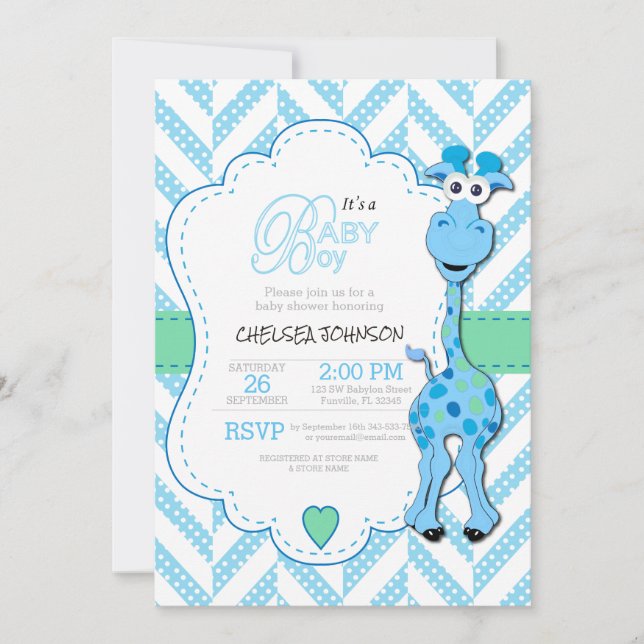 Invitación Es un niño - Baby Blue Giraffe - Baby Shower (Anverso)