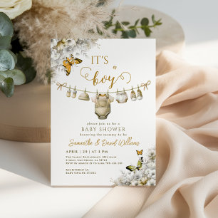 Invitación Es un niño Baby en flor ropa tendida neutral